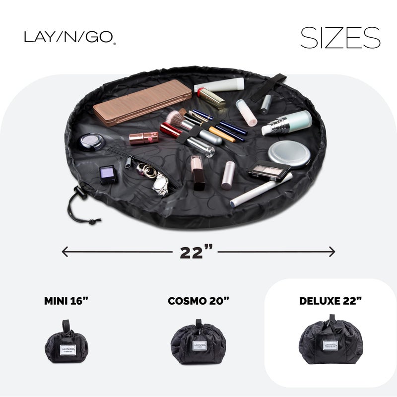 Lay-n-Go Cosmo Layflat Cosmetic & Makeup Bag Organizer - Portable Drawstring Bag w/Zipper Pocket, Brush Storage Loops & More - Durable, Machine Washable Toiletry Bag for Travel (22", Black) - Image 4